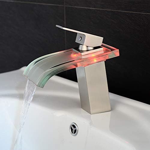 Wovier LED escovado níquel bico em cachoeira pia de banheiro torneira com mangueira de suprimento, torneira de banheira de orifício único único, torneira de bacia corpora