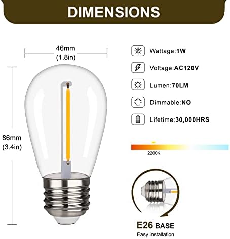 Lâmpadas LED de reposição à prova de quebra de Yimilite S14, 1W equivalente a 10W, lâmpadas de cordas de cordas externas de 2200k e