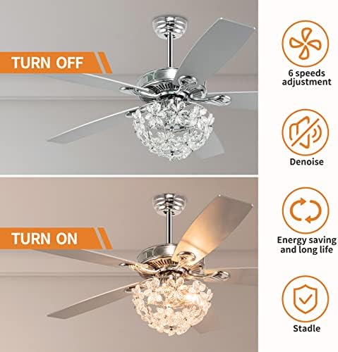 Ventilador de teto de cristal de capa whmetal com luzes e controle remoto, 5 lâminas de ventilador de madeira reversíveis e cristal de flores modernas, ventiladores de teto rústico para quarto interno, 52 polegadas