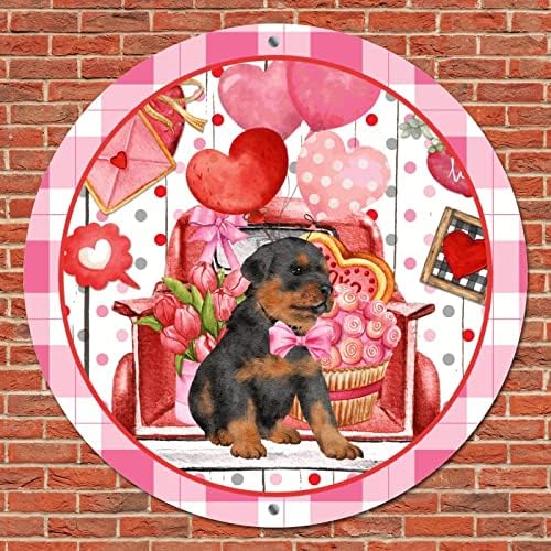 Sign de metal redondo Caminhão de cachorro do Dia dos Namorados e Love Hearts Galões Grinalsa Vintage Signo Porta Rústica