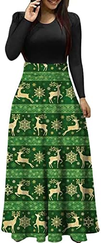 Vestido de manga longa de manga longa feminina Cintura de vestido maxi de Natal para festas de Natal com bolsos