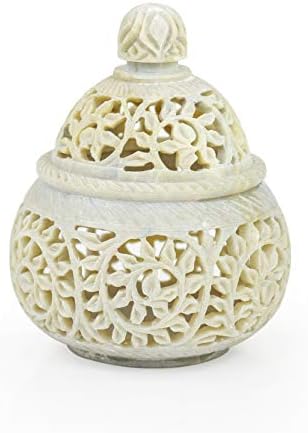 Mão redonda de pedra real esculpida bela trivial Keeping Jar com uma pequena tampa | Caixa de armazenamento sólido finamente