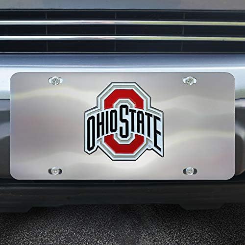 Fanmats 25708 Ohio State Buckeyes Placa frontal de aço inoxidável com grande emblema de metal de equipe 3D moldada