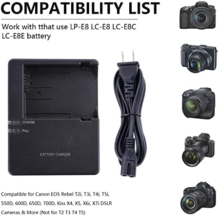 Carregador de bateria CJQ LP-E8 Compatível para Canon LC-E8 LC-E8C LC-E8E Bateria EOS 550D 600D 650D 700D T2I T3I T4I T5I KISS X4 X5 X6i X7i DSLR Câmera, preto