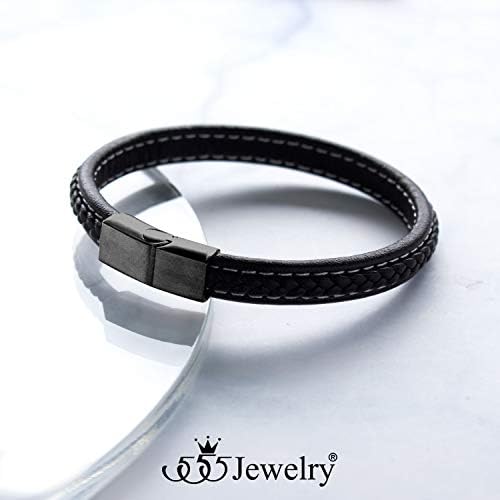 555 Jewelry Aço inoxidável Clasp magnético Bracelete de couro preto trançado para homens