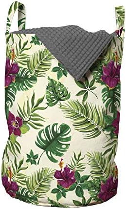 Bolsa de lavanderia de palmeira de Ambesonne, desenho digital de flores de hibiscus da folhagem exótica e folhas tropicais, cesta de cesto com alças fechamento de cordão para lavanderias, 13 x 19, Ivory Multicolor