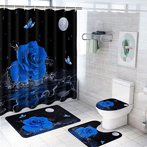 Alishomtll 4 PCs Blue Rose Shower Curtain Conjuntos com tapete não deslizante, tampa da tampa do vaso sanitário e tapete