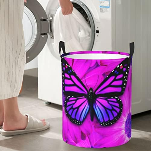 Butterfly Purple e impressão de flores cestas de lavanderia grande com alça de lavanderia dobrável à prova de água para quarto, banheiro pequeno