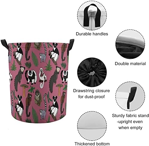 Lemur Pattern Round Laundry Bag Turma de armazenamento à prova d'água com tampa e alça de cordão