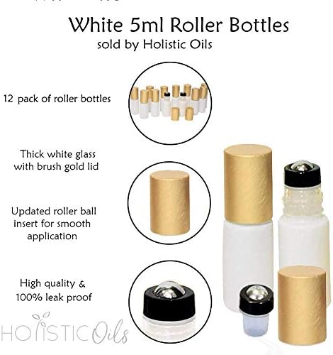 Garrafas de rolo de óleo essencial de vidro branco de 5 ml - tampa dourada, rolo de vidro espesso e à prova de vazamentos em garrafas com inserção de bola de rolo de aço inoxidável, rolo vazio em garrafas para óleos essenciais - 12 pacote