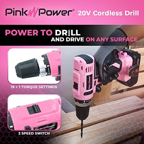 Drill rosa rosa Conjunto de perfuração para mulheres 20V Kit de ferramenta de broca sem fio para mulheres, broca elétrica