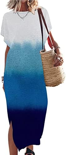 Vestido de manga curta solta casual feminino dividido Maxi Summer Beach Dress Gradiente impresso o Gcond Beach Flowy Sundress