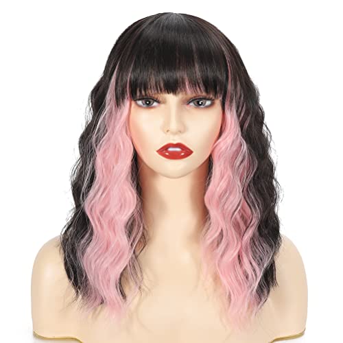 Xuehua Destaque Short preto rosa peruca com franja 14 polegadas de 14 polegadas femininas ondulada