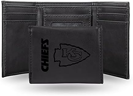 NFL Kansas City Chiefs Men Carteira preta- Premium Premium com gravação de laser no logotipo da equipe da NFL no design de couro vegano/falso-