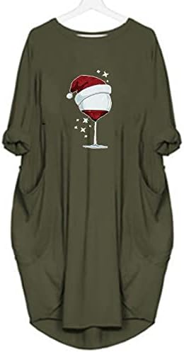 Vestido de Natal de grandes dimensões de Ruziyoog para mulheres, vidro de vinho tinto de vinho, vestidos de moletom estampado de moletom de túnica de manga longa casual