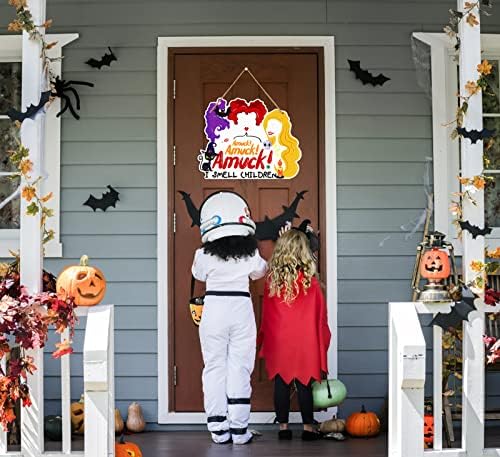 Whatsign Halloween hocus pocus decoração sinal de porta eu cheiro de crianças sinal decorações de halloween hocus