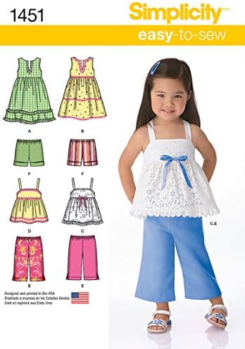 Simplicidade 1451 Fácil de costurar vestido de menina para crianças, top, calças cortadas e padrões de costura de shorts, tamanhos 1/2-4
