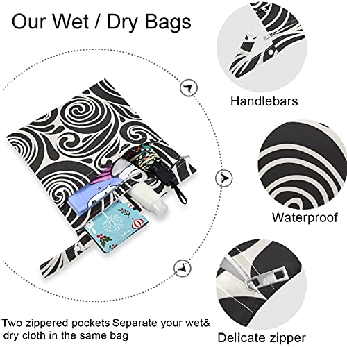 VISESUNNY Black Whirlpool Padrão 2pcs bolsa molhada com bolsos com zíper lavandable reutilizável para viajar, praia, piscina, creche,