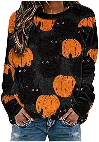 Halloween Impressão de moletom de manga longa para mulheres fofas de abóbora Blusa de gato preto casual Pullover solto e decote
