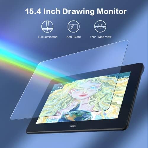 UGEE Tablet de desenho de 15,4 polegadas com tela, 127% SRGB Monitor gráfico laminado completo, 8192 níveis de caneta sem