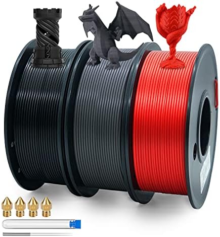 Pacote de filamentos de impressora 3d, filamento preto/cinza/vermelho PLA 1,75 mm, precisão dimensional +/- 0,02 mm, 250g x 3 bobinas, filamento de impressão 3D multipack com bocais de impressora bônus de bônus