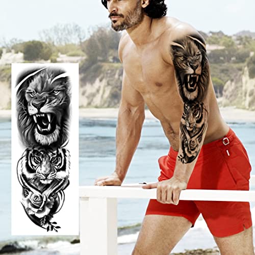Manga de tatuagem temporária de animais Padoun, tatuagens temporárias de 8 folhas de 8 folhas de manga cheia tatuagens temporárias, tatuagens de tigre de leão lobo para adultos homens à prova d'água