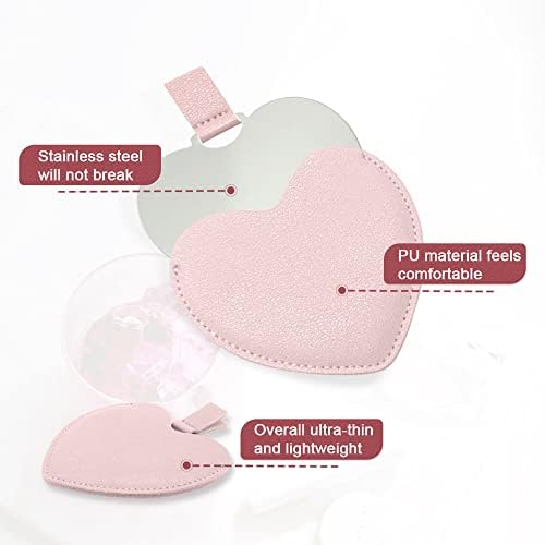 Espelho de aço inoxidável compacto, espelho de bolso em forma de coração à prova de pulverização com manga de couro PU, mini espelho de bolsa inquebrável portátil para bolsa de maquiagem de viagem, para mulheres meninas, rosa