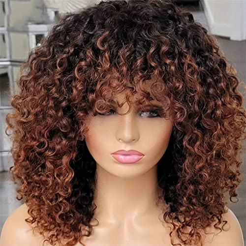 Azedssw Women ombre loiro remy brasileiro bob bob curly Human Wigs com peruca de franja 180 densidade 18 polegadas