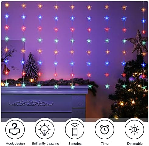 Luzes de cortina de fada de Natal 2-em-1 Bloomwin com pingentes de estrela 100Leds 9,8ft*3,3 pés Twinkle String Light com remoto para casamento de festa de Natal colorido colorido