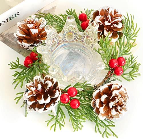 4 PCS Ringas de vela de Natal grinaldas com frutas de cedro, folhas e bagas de pinheiro, decorações de Natal para mesa de jantar, casamento, ação de graças, Páscoa （3 '' Diâmetro