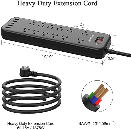 Protetor de onda de faixa elétrica com 12 pontos de venda e 4 portas USB e 1 porta USB-C e extensão do cabo de energia de substituição