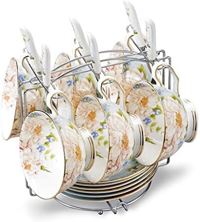 Jydbrt Flores de estilo europeu de 6 peças China China porcelana Tarde de chá de chá de café Conjunto com pir e colher e estande de