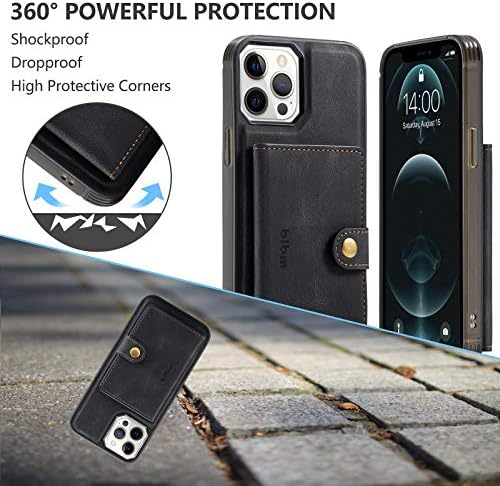 Caixa de couro BLBM com porta -cartão para iPhone 12 e iPhone 12 Pro, capa de carteira magnética flip com função de kickstand para homens e mulheres, preto, 6,1 polegadas