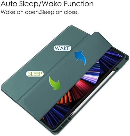 Tablet PC Case Case para iPad Pro 12.9 2022 12.9 polegadas Caixa de tablet, tampa fina de TPU com porta -lápis, acorde automático/Sleep Smart Case com Bolsa de casca traseira transparente transparente (cor: verde escuro verde escuro