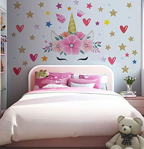 Adesivos de parede de chifre unicórnio, decoração de decoração rosa de decoração de unicórnio decalques de parede do coração