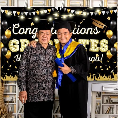 Vtyepou Parabéns Decorações de banner de pós -graduação - Grande 72x44 polegadas de ouro preto parabéns fotografia fotográfica