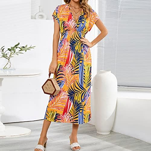 Vestido do Havaí de Ladies Manga curta Estampa de flor tropical maxi vestidos de verão V Vestido de cintura alta elástica