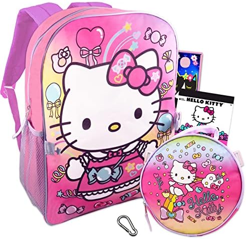 Hello Kitty Backpack Lanch Box for Girls, Kids ~ Pacote de 4 PC com bolsa escolar hello kitty de 16 rosa, lancheira, adesivos,