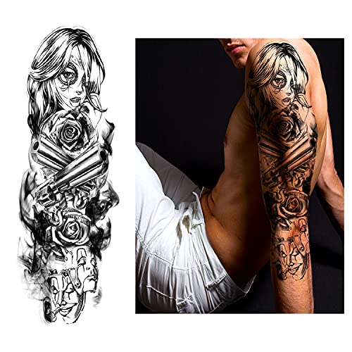2 folhas Tatuagem temporária de braço completo, adesivos sexy 3D de tatuagem falsa tatuagem impermeável extra grande, para