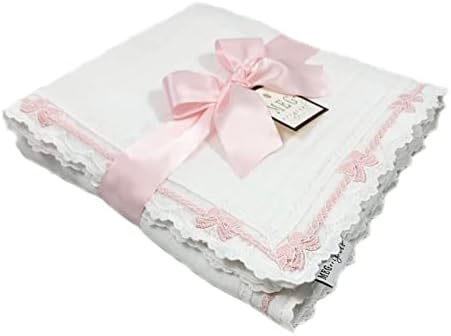 Meg Original Baby Girl Blanket - Heirloom Collection - Branco com arcos rosa, algodão, artesanal nos EUA