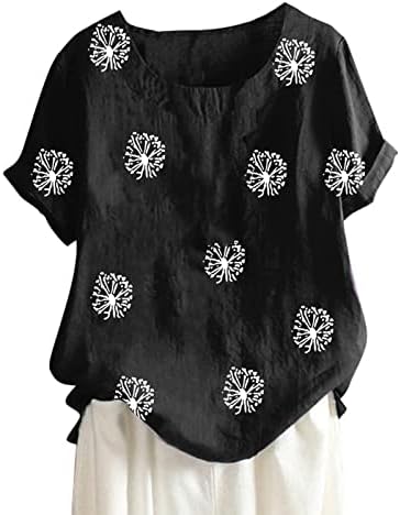 Camista de manga curta enrolada impressão de flores femininas Tops de verão redondo pescoço curto Manga de manga