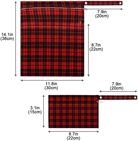 Xigua Red e Black Plaid Saco de molhado à prova d'água para fraldas de pano lavabível Sacos secos úmidos reutilizáveis ​​com 2 bolsos com zíper para viagens, praia, piscina, carrinho, roupas sujas, roupas de banho molhadas