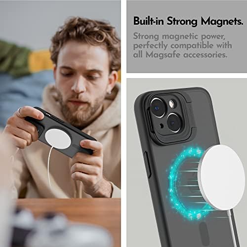 Niunisi Magnetic Case para iPhone 14 estojo de 6,1 polegadas e slim kickstand com protetor de tela compatível com magsafe choque translúcido em estojos foscos translúcidos capa de capa, câmera preta