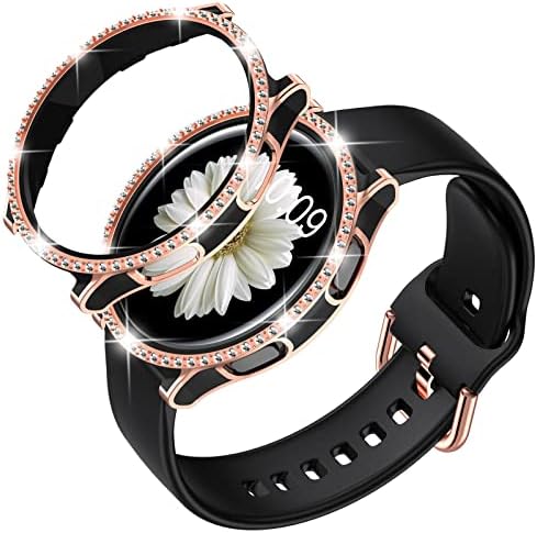 Dabaoza Compatível para Samsung Galaxy Watch 4 5 Banda 40mm 44mm com capa de pára -choques glitter, Women Black Pink Silicone Soft confortável Ajusta ajustável com fivela para Galaxy Watch 4 5