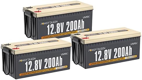 Power Queen LifePO4 Bateria 12V 200AH 3pack, BMS 100A embutido, bateria de lítio 7680WH, até 15000 mais de ciclos, suporte em série/paralelo,