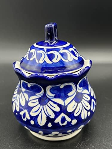 Pote de açúcar de cerâmica azul Apexglobal. Mini prato decorativo de cerâmica artesanal com tampa. 9 cm x 3,5 cm. Ideia