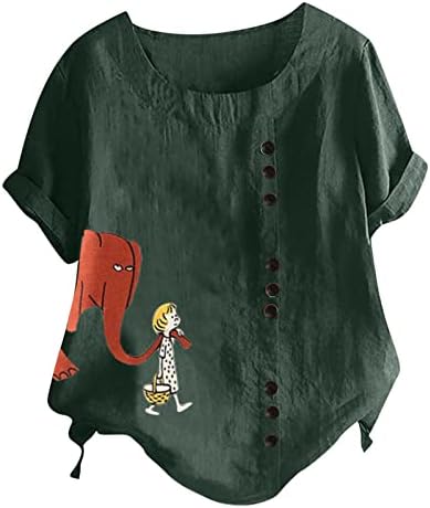 Camas de t para mulheres linho de algodão fofas tshirts de verão no pescoço redondo tampos de manga curta Botões de tamanho grande