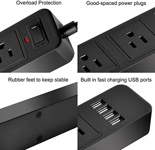Power Strip Surge Protector Wall Outlet 2 Prong com 3 pontos de venda e 4 portas de carregamento USB 6,6 pés de longa