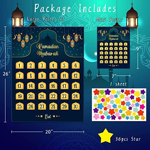 Calendário do Ramadã FACRAFT 2023 CALENDÁRIO DE CONTOCA DE MUBARAK EUD 26 x 20 Posters do calendário do advento do Ramadã Presentes Eid para crianças Eid Mubarak Decorações para parede em casa com adesivos de 36 estrelas