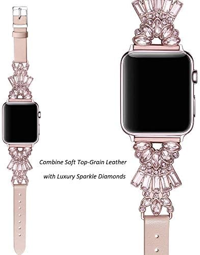 Secbolt Rose Gold Gold Band e Band de couro rosa com Bling Compatível com Apple Watch Band 38mm 40mm Iwatch SE Série 6 5 4 3 2 1